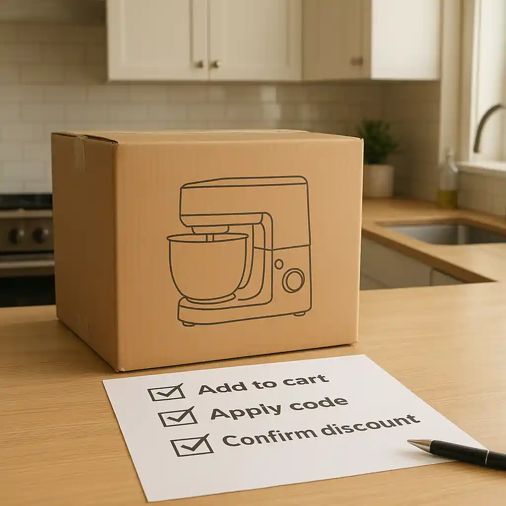 Boxed appliance next to a printed checkout checklist on a kitchen counter