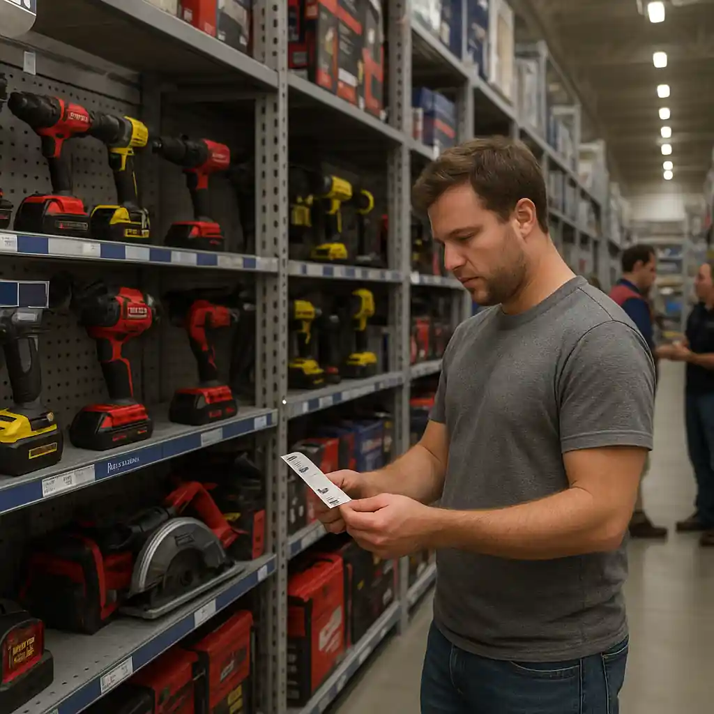 Shopper comparing tool prices in a Lowe's aisle to decide stacking and purchase timing