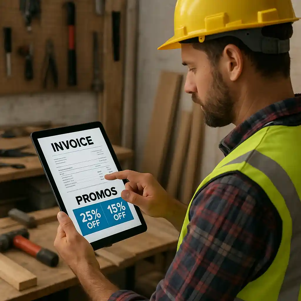 Contractor checking discounts and invoices on a tablet while in a workshop