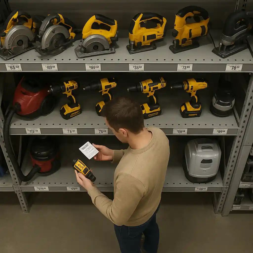 Shopper checking price tags in aisles for Home Depot veterans discount exclusions