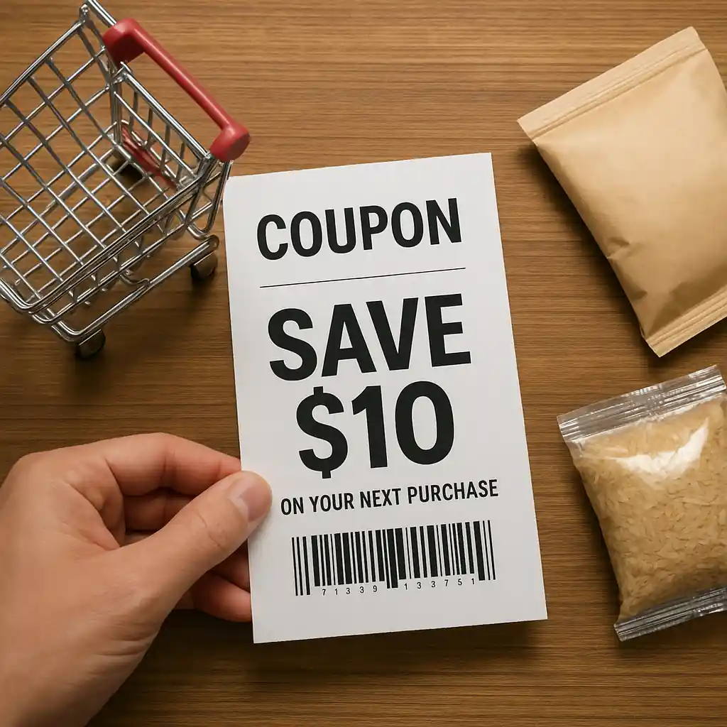Printed coupon with visible barcode ready to be scanned at a store checkout