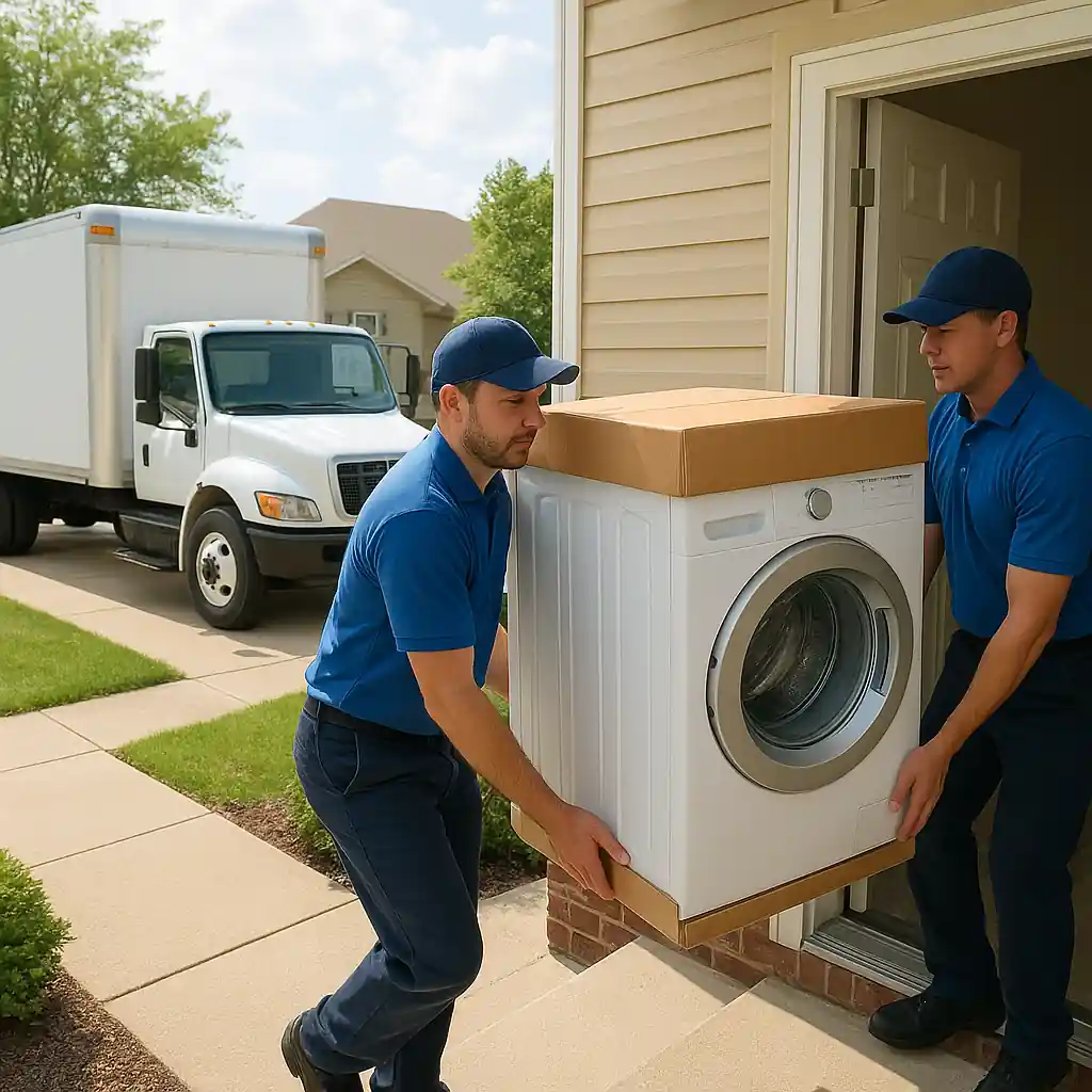 Two delivery workers carrying a boxed washer into a home during appliance delivery
