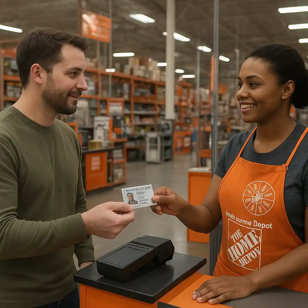 A customer presenting a military ID at a Home Depot checkout