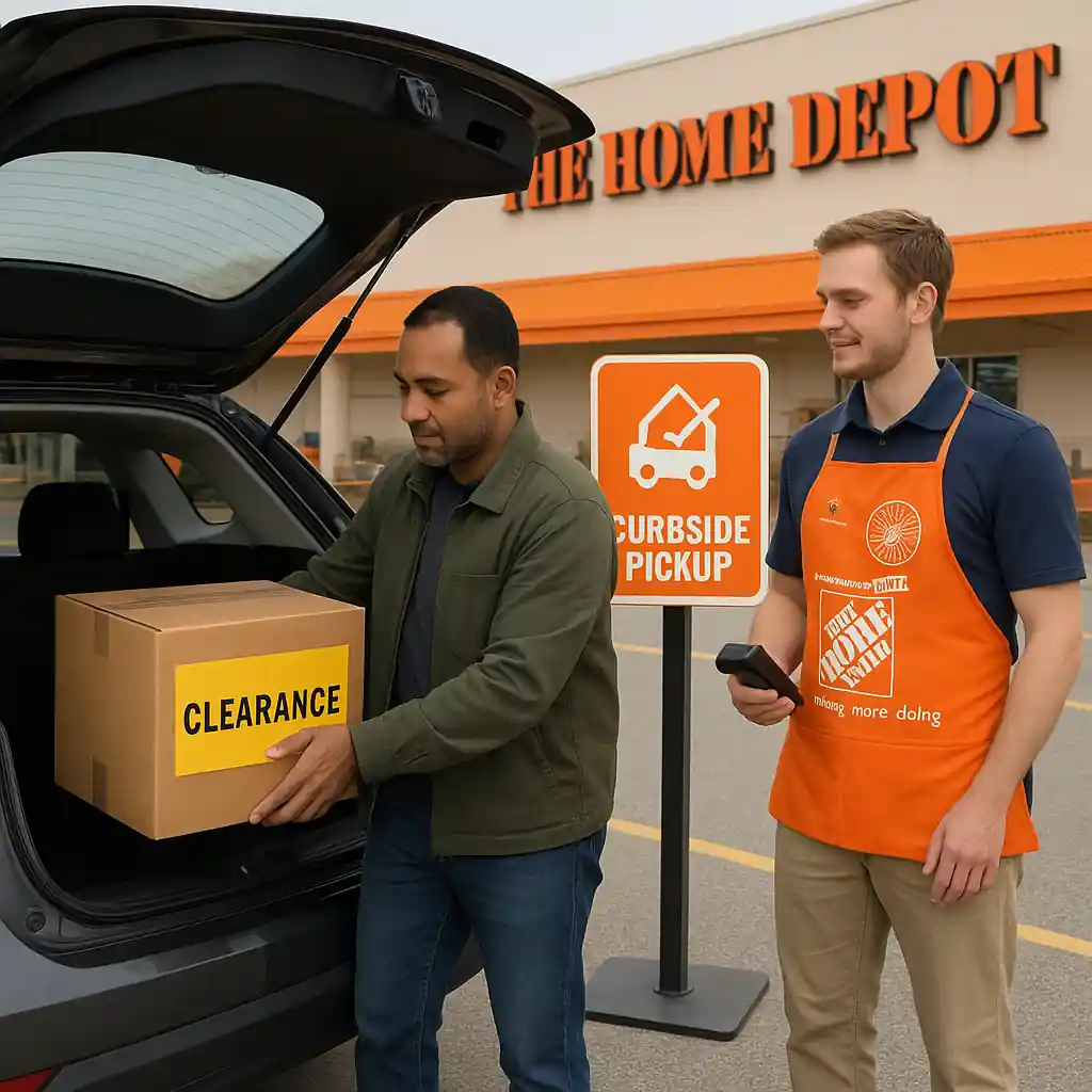 Customer picking up an online clearance order at Home Depot curbside