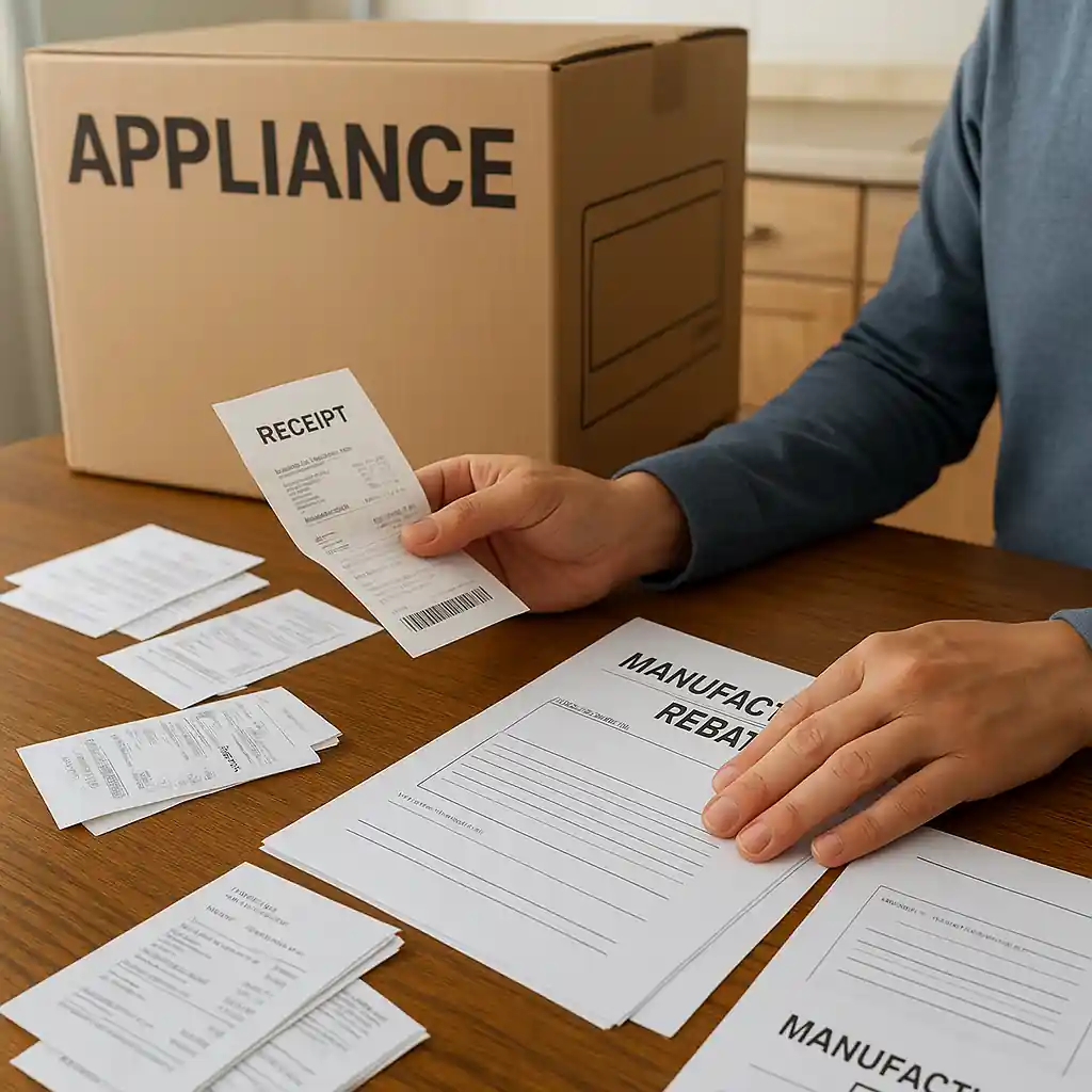 Receipts and rebate forms prepared on a table next to an appliance box