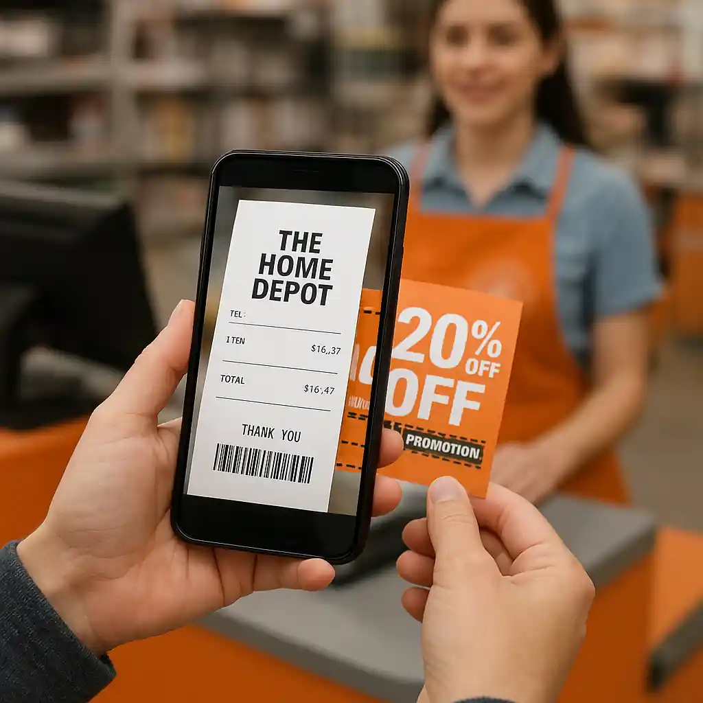Taking a smartphone photo of a receipt and coupon at the register