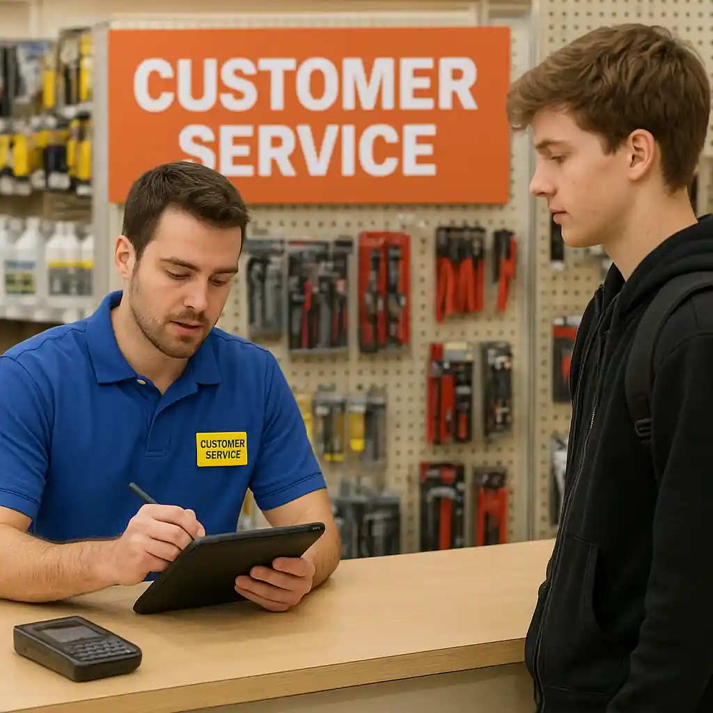 Customer service associate entering verification details on a tablet while a student waits with IDs