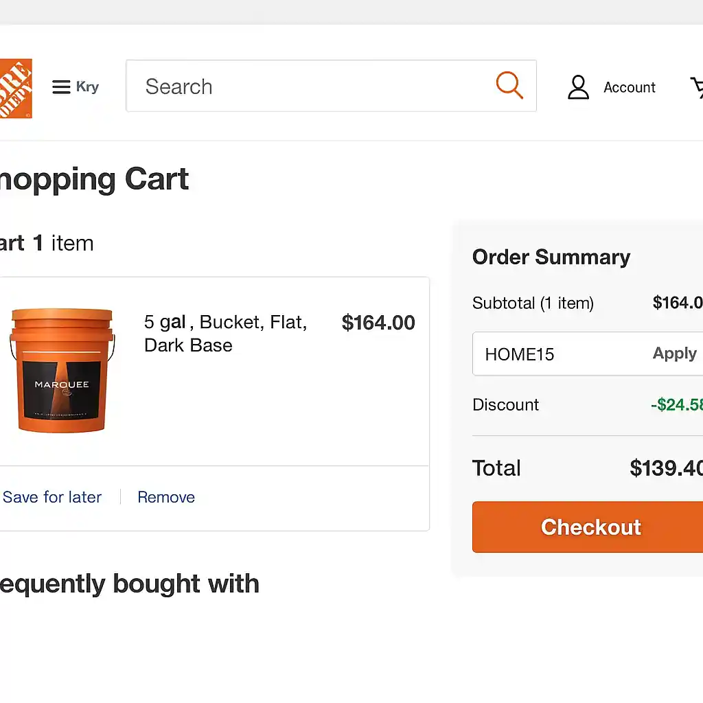 Home Depot online checkout screen with promo code applied and discounted total