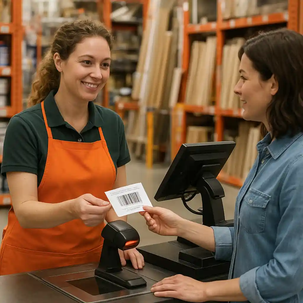 Cashier scanning a paper coupon at Lowe's register