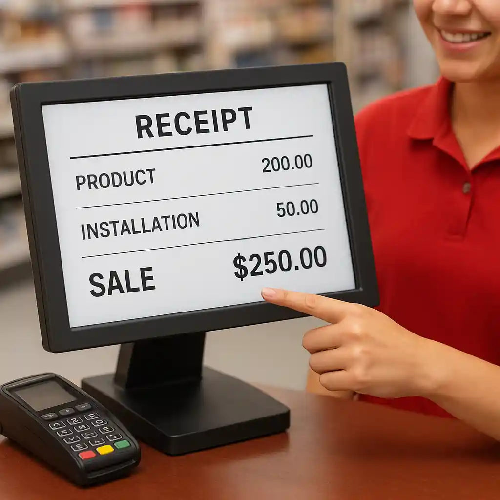 Register screen showing product sale price and separate installation charge line item