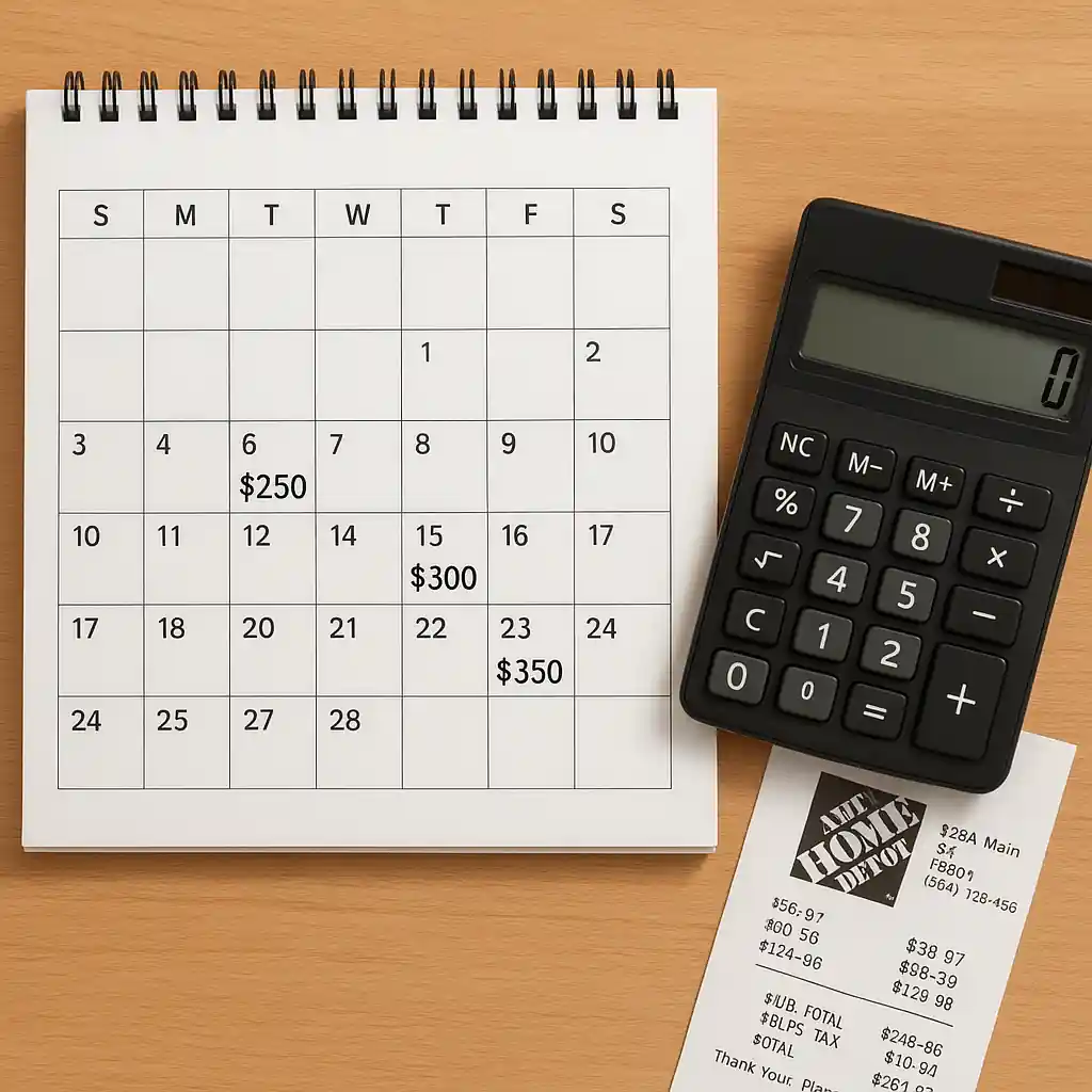 Payment planning for a promotional financing term using a calendar, calculator, and receipt