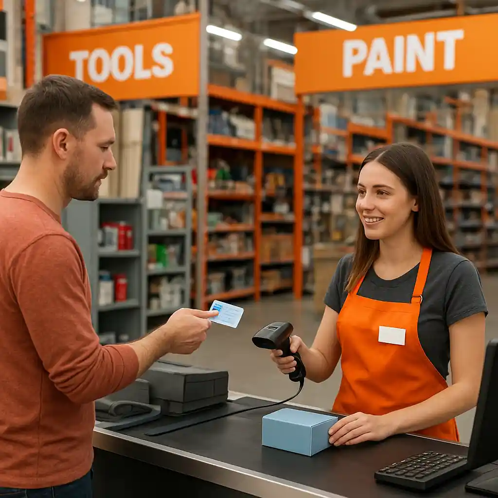 Customer showing veteran ID at a Home Depot register while a cashier scans items