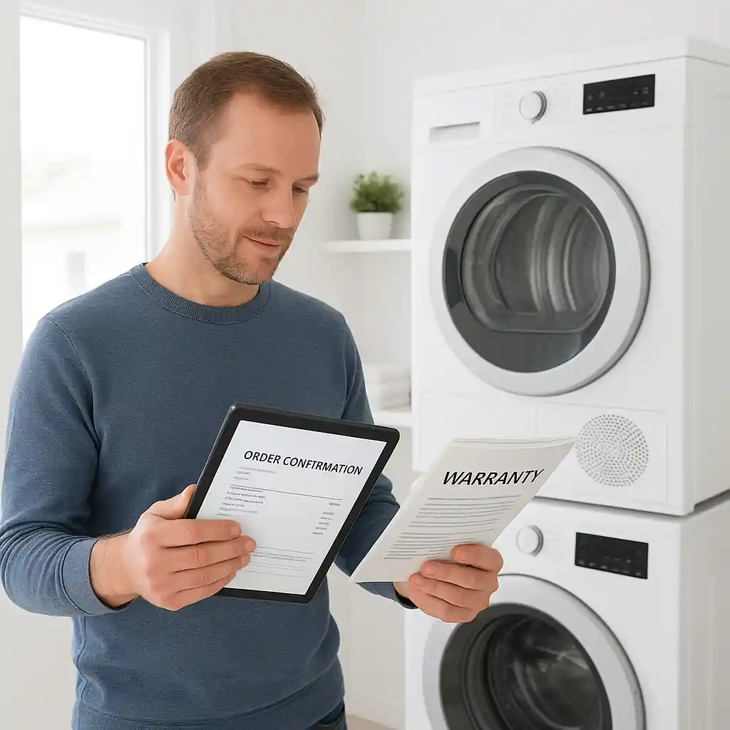 Person reviewing warranty details and order confirmation on a tablet next to new washer and dryer