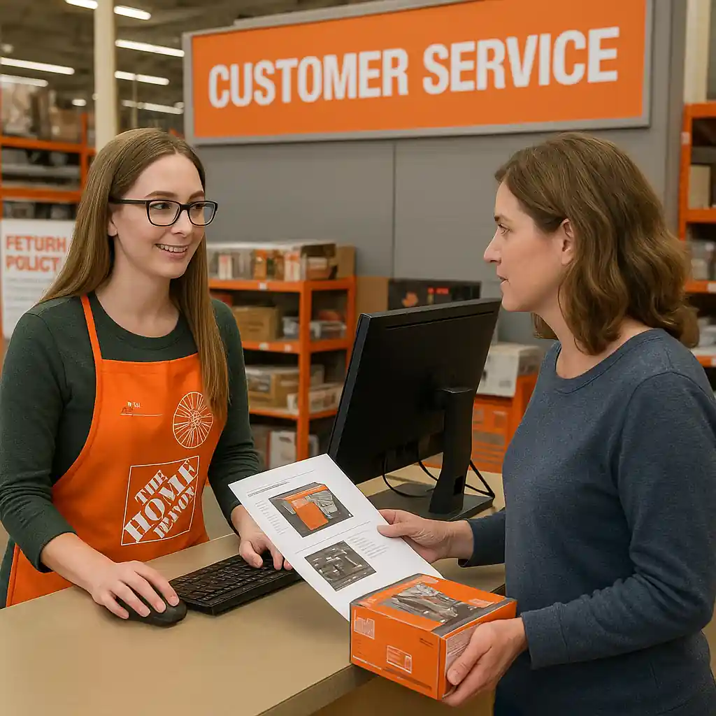 Home Depot customer service representative reviewing printed screenshots with a shopper at the desk