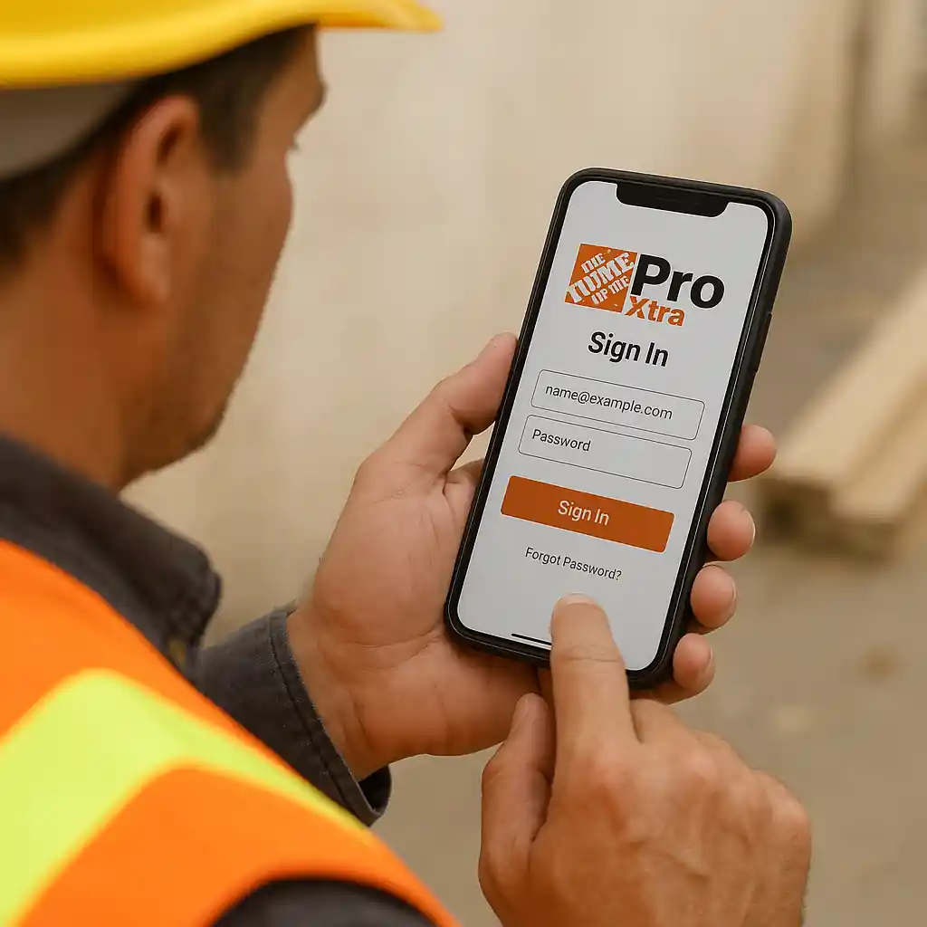 Contractor signing into Home Depot Pro Xtra on a smartphone to view contractor pricing