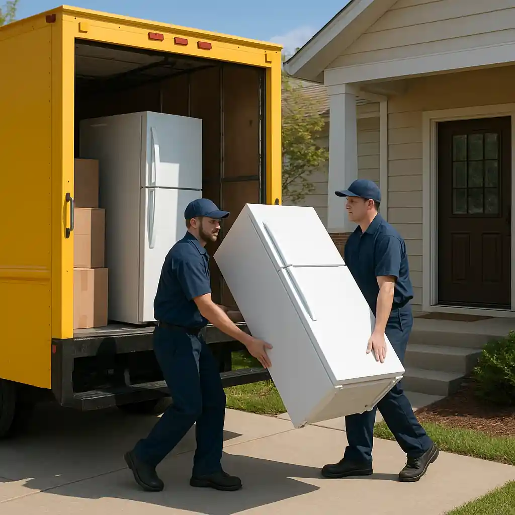 Delivery technicians carrying a refrigerator from a truck to a customer's home