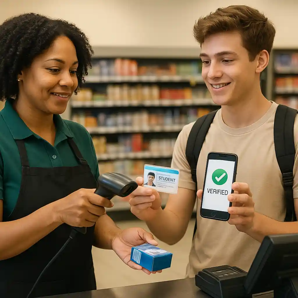 Cashier scanning item while student displays ID and digital verification on phone