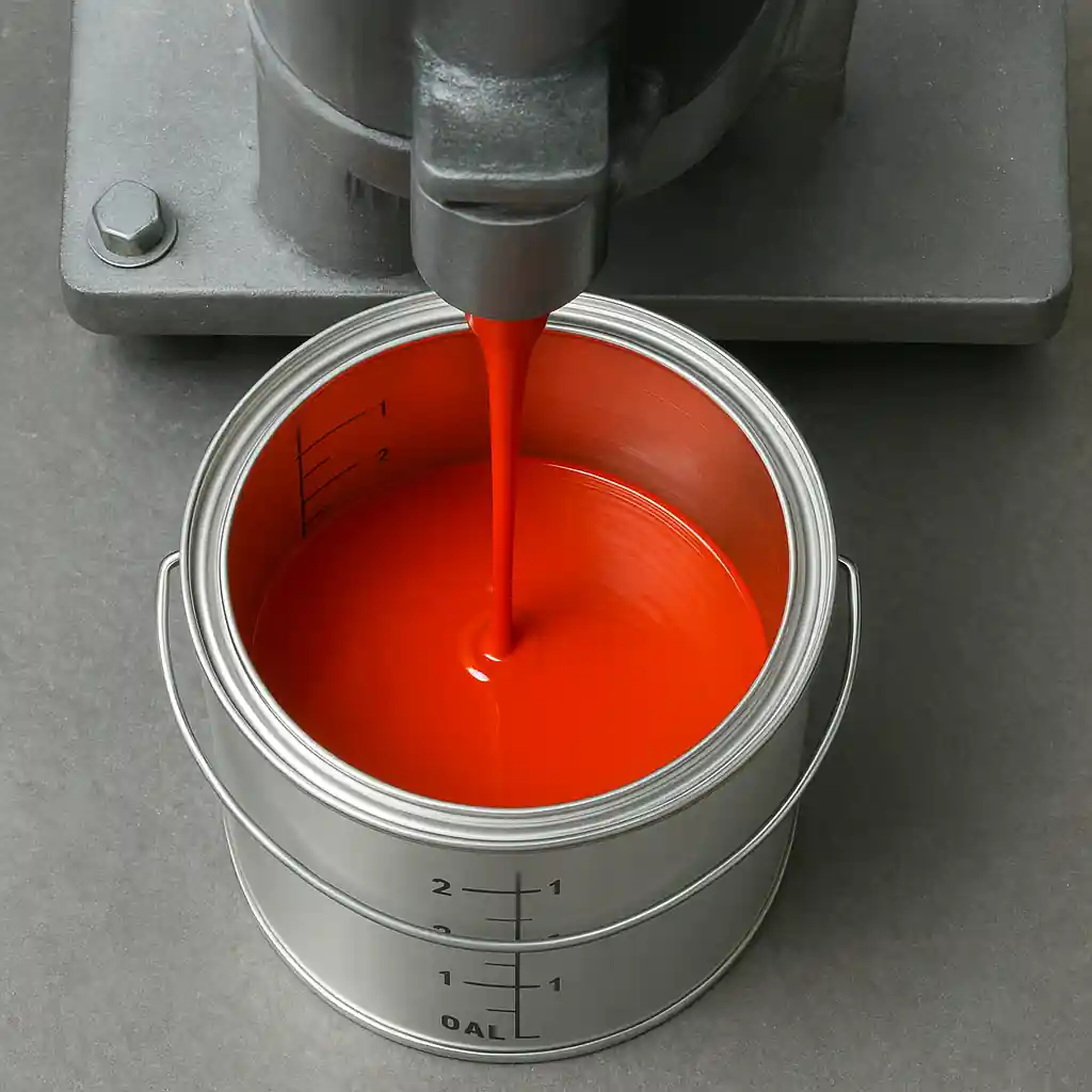 Paint mixing machine adding pigment to a gallon can displaying measured tint dosing