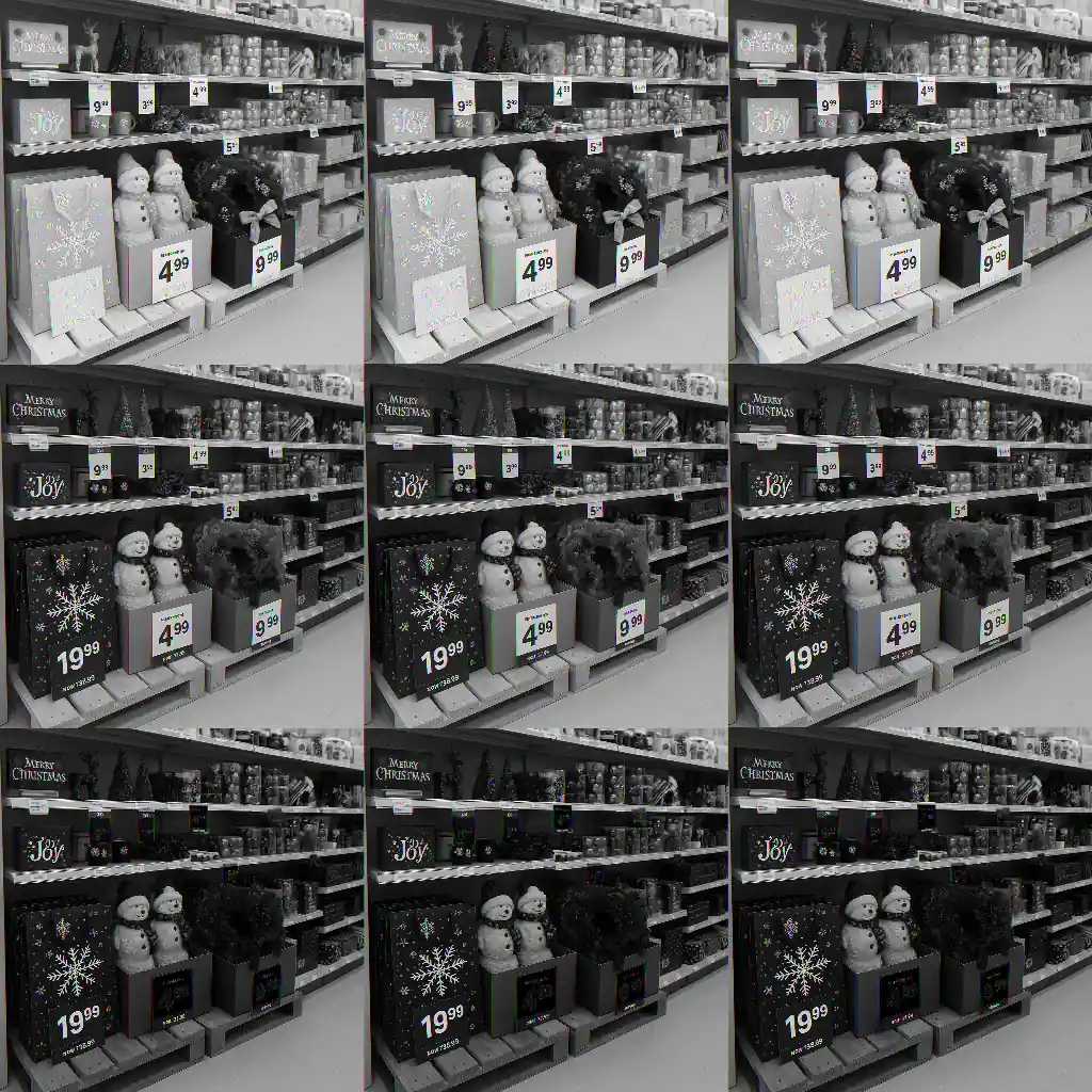 Holiday aisle with layered price tags and colored markdown stickers on displays