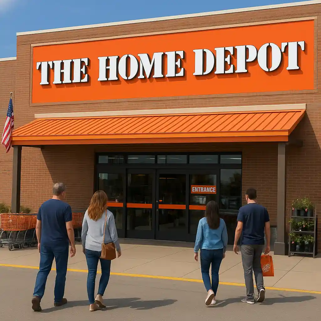 Home Depot store exterior with shoppers entering, illustrating an official place to redeem promo codes