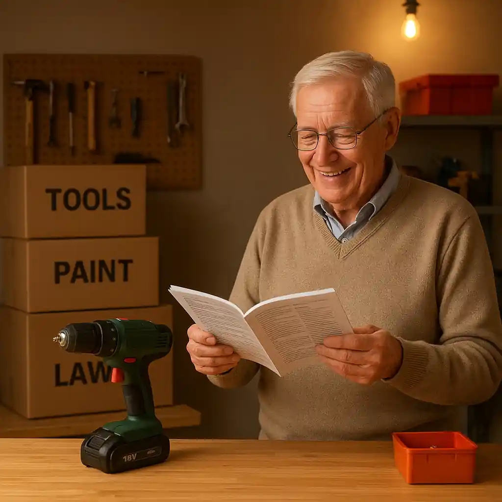 Senior homeowner with new tools and supplies after saving on a store sale