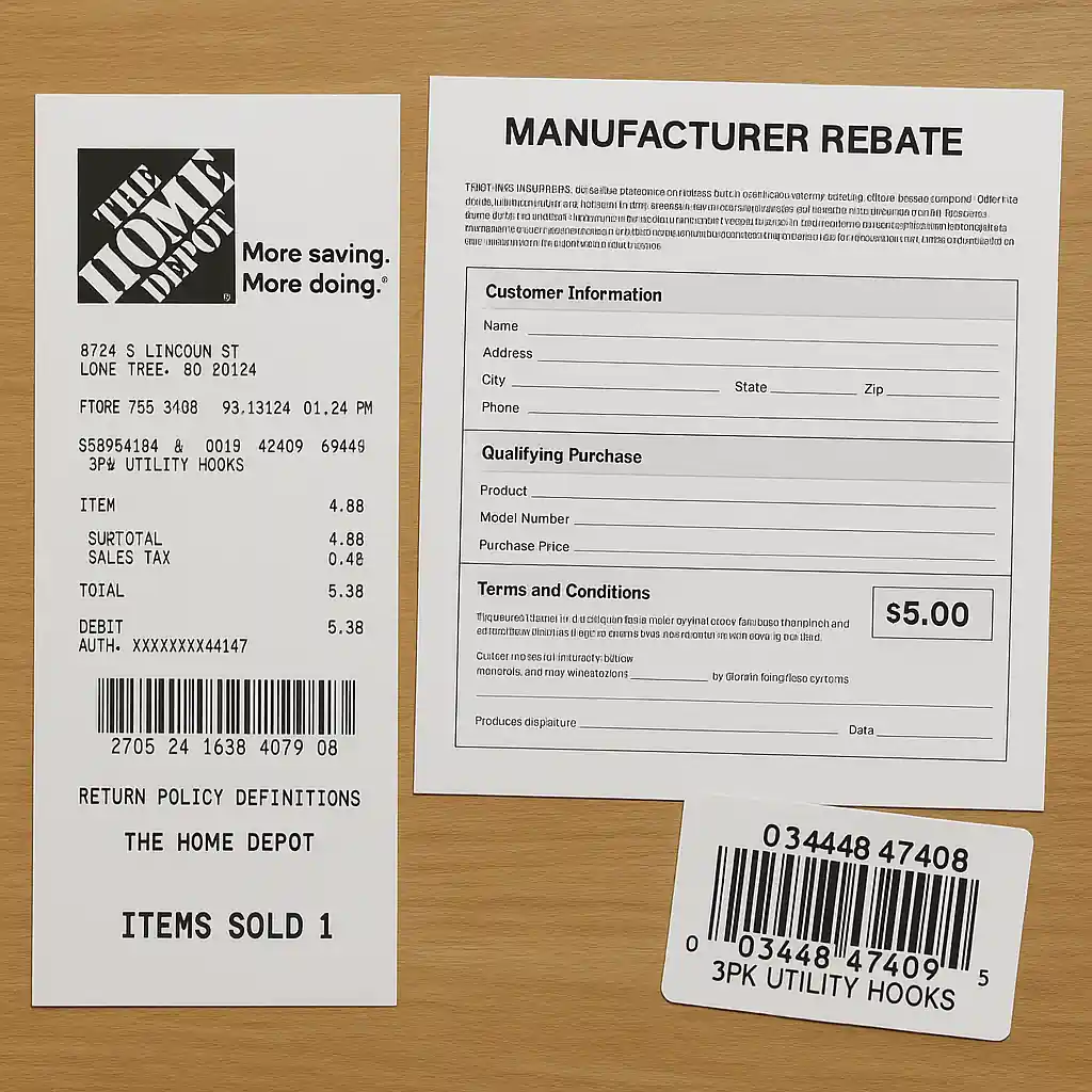 Receipt, rebate form and UPC label ready for manufacturer rebate submission