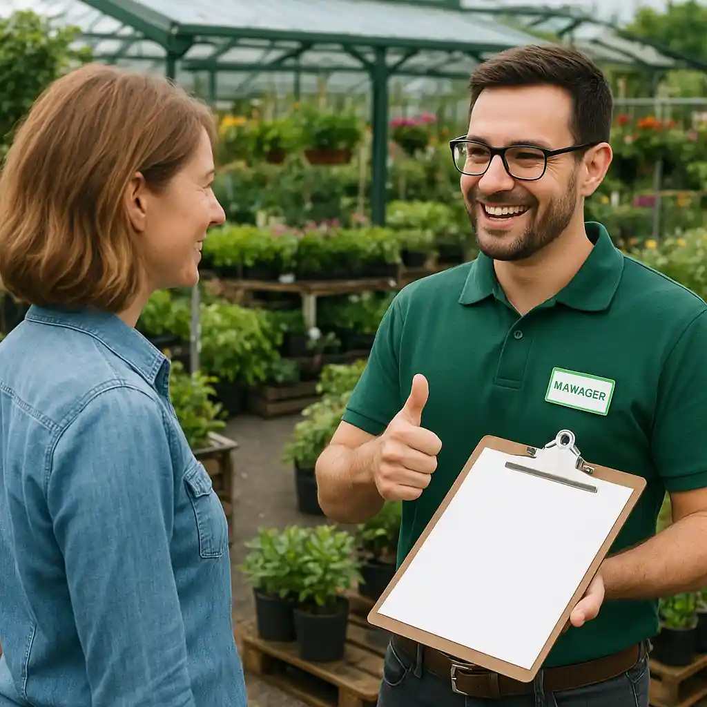 Store manager discussing and approving a bulk mulch order with a customer