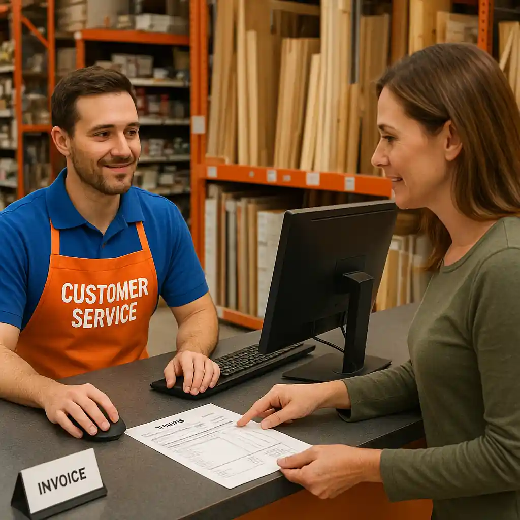 Customer and store associate reviewing an itemized invoice at a Home Depot customer service desk