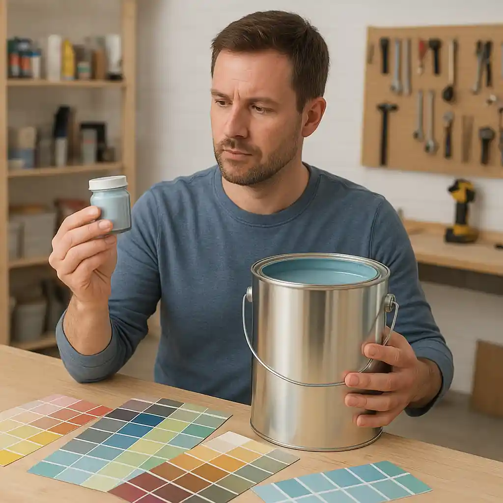 Customer comparing paint sample pot and full gallon with color swatches