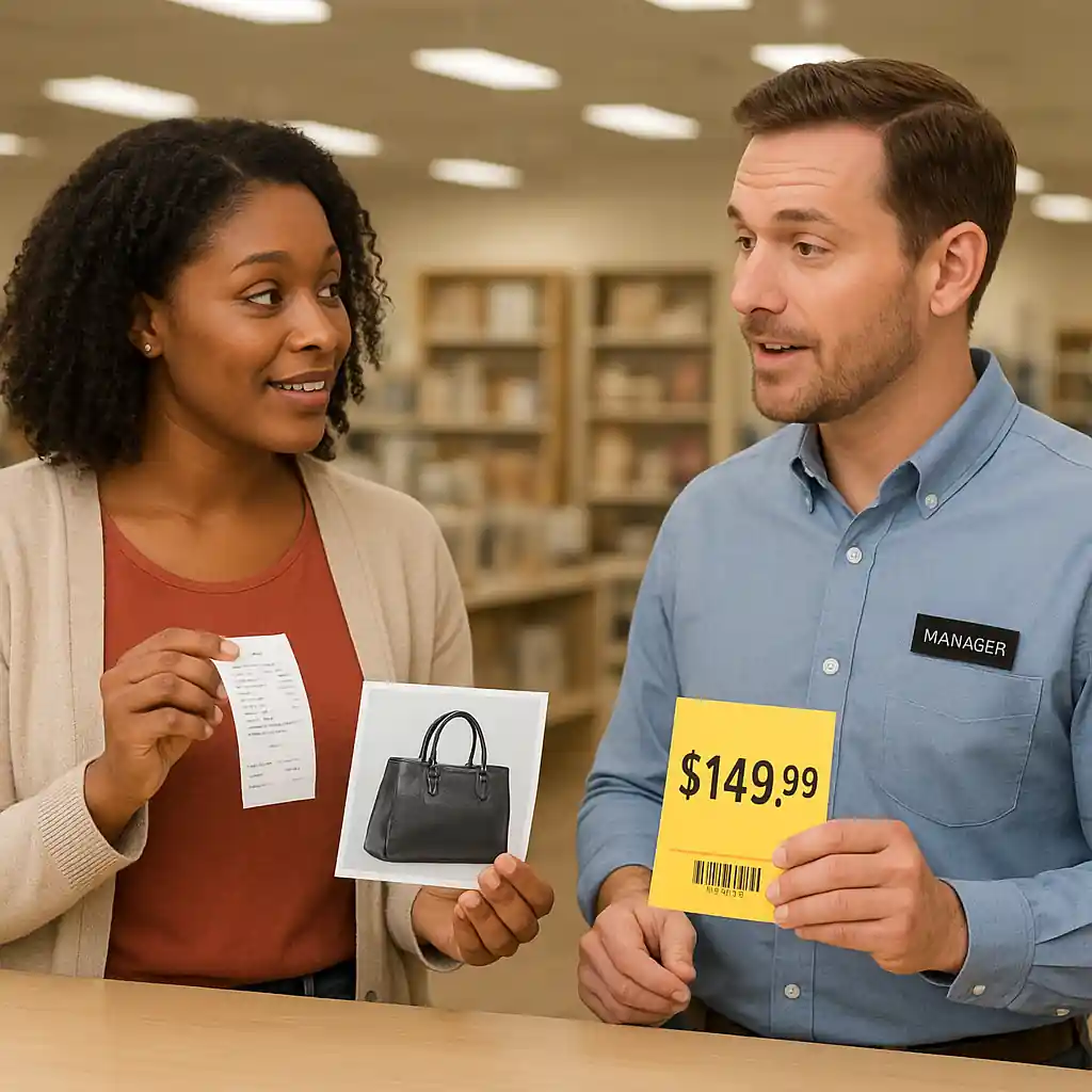 Customer presenting receipt, shelf tag and photos to a Home Depot manager at customer service