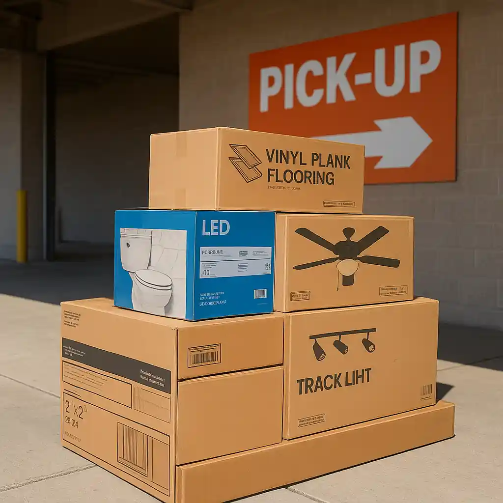 Boxes ready for curbside pickup at a home improvement store