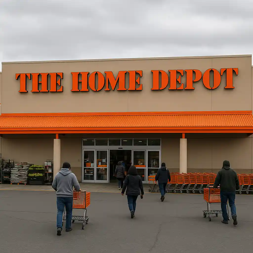 Home Depot storefront with customers and shopping carts outside