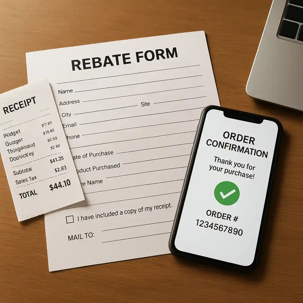 Desk with receipts and a rebate form ready for submission