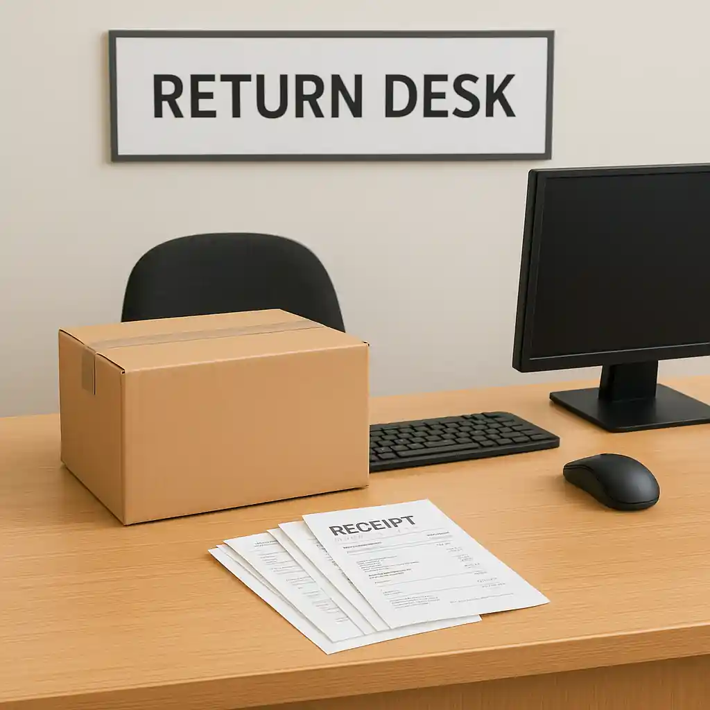Home Depot customer service desk with receipt and boxed item for price adjustment or return