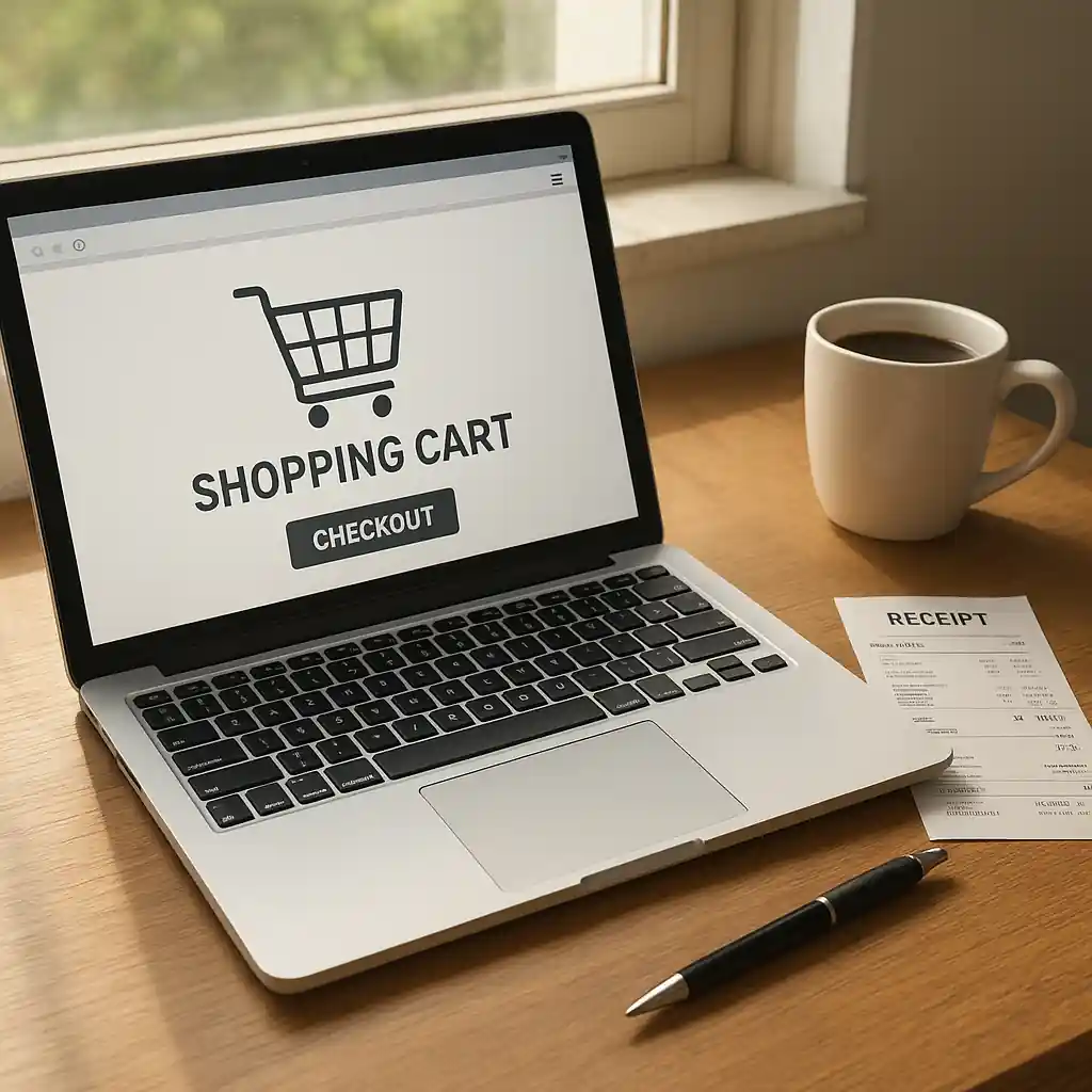 Laptop with online cart and receipt near related guides and planning notes
