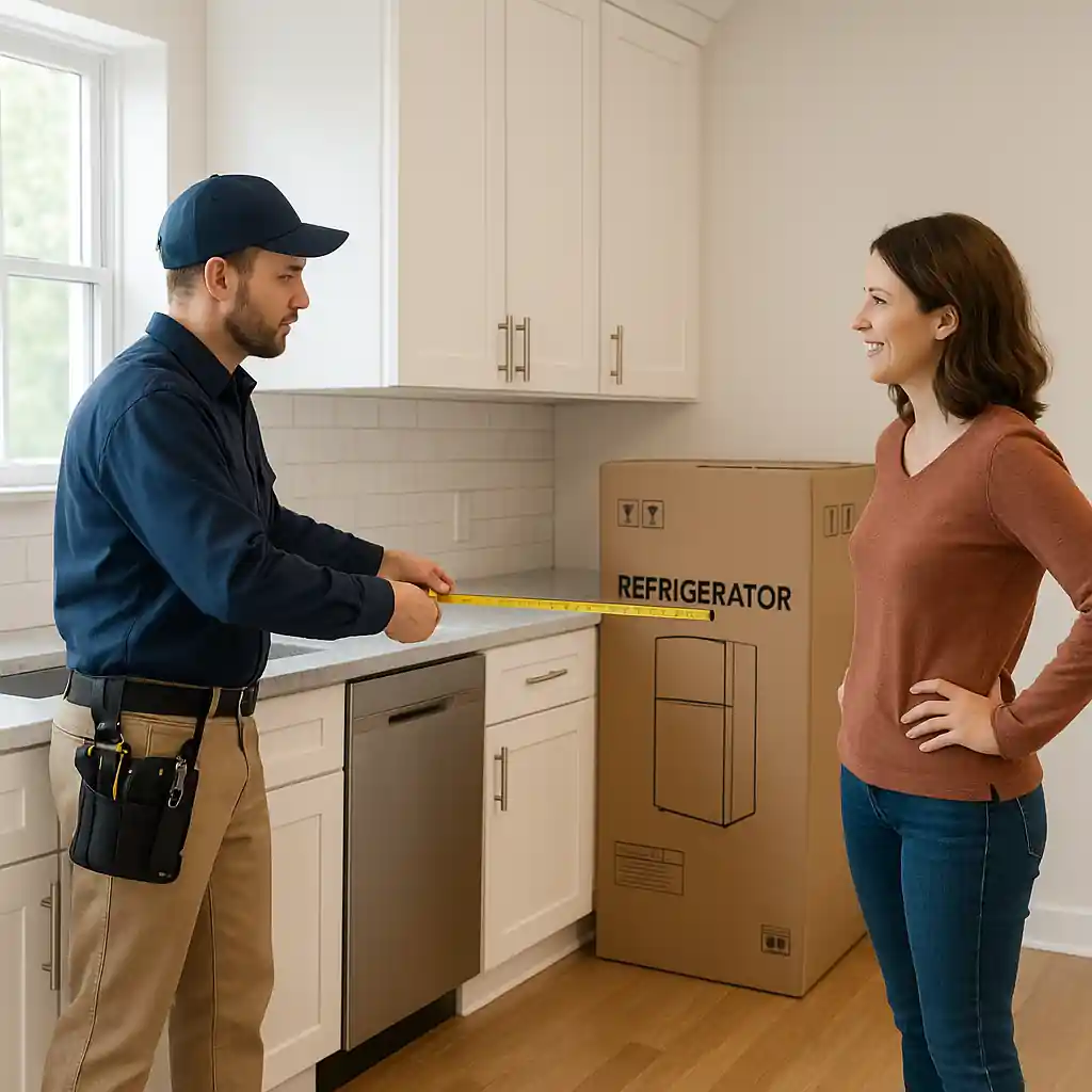Delivery technician measuring kitchen for appliance installation and delivery
