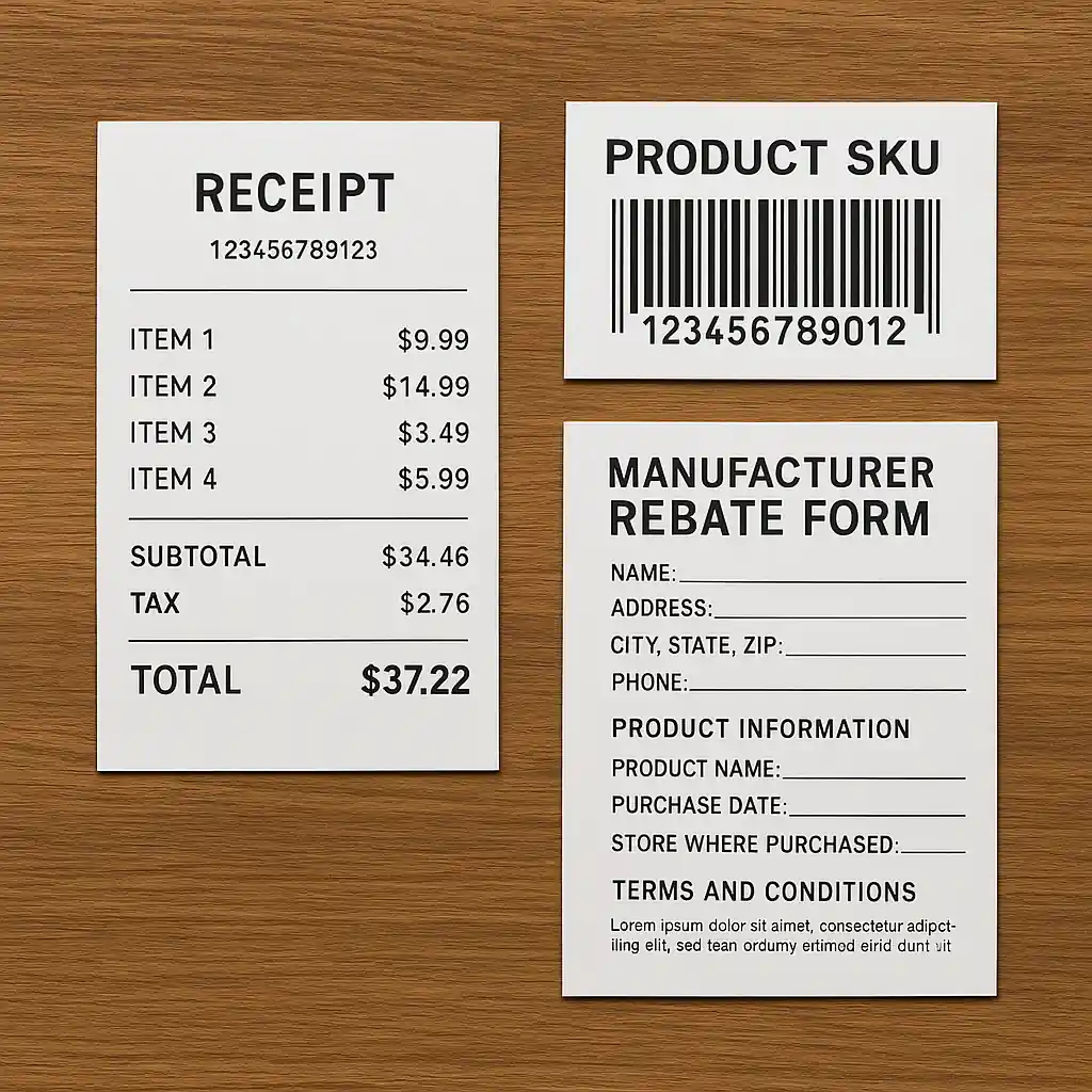Receipt with SKU barcode and manufacturer rebate form ready to be submitted