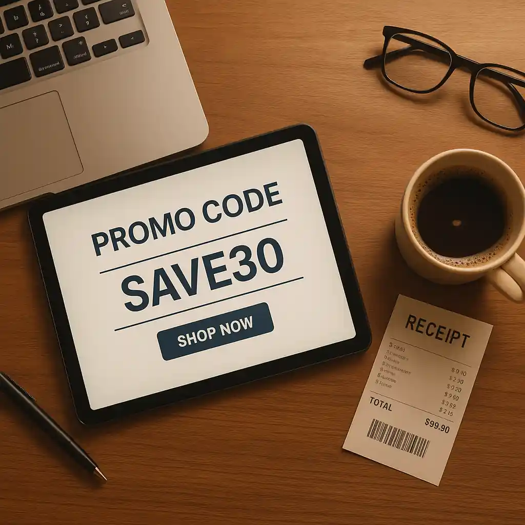Tablet displaying a promo code for lowes coupon appliances next to a receipt and coffee