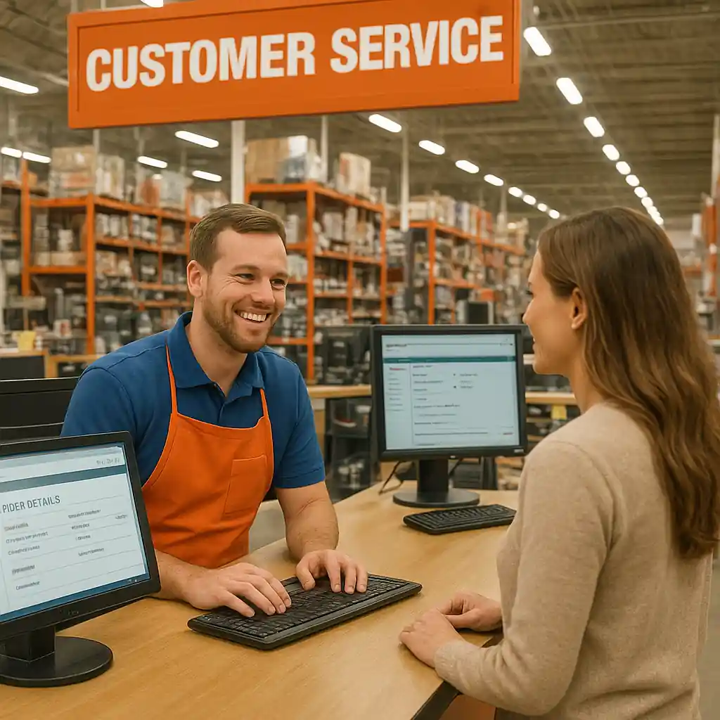 Customer service desk at a home improvement store with staff assisting a customer and order screens visible
