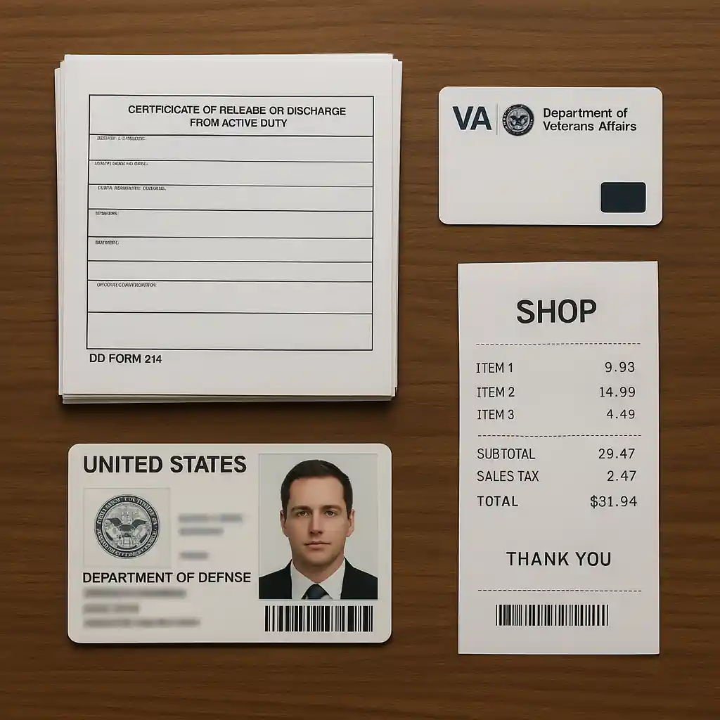 Military paperwork and photo ID prepared for in-store verification