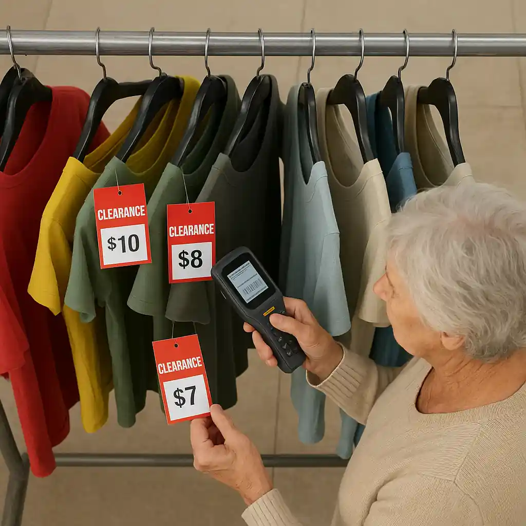 Senior shopper checking clearance prices with a handheld scanner in a Lowe's clearance aisle