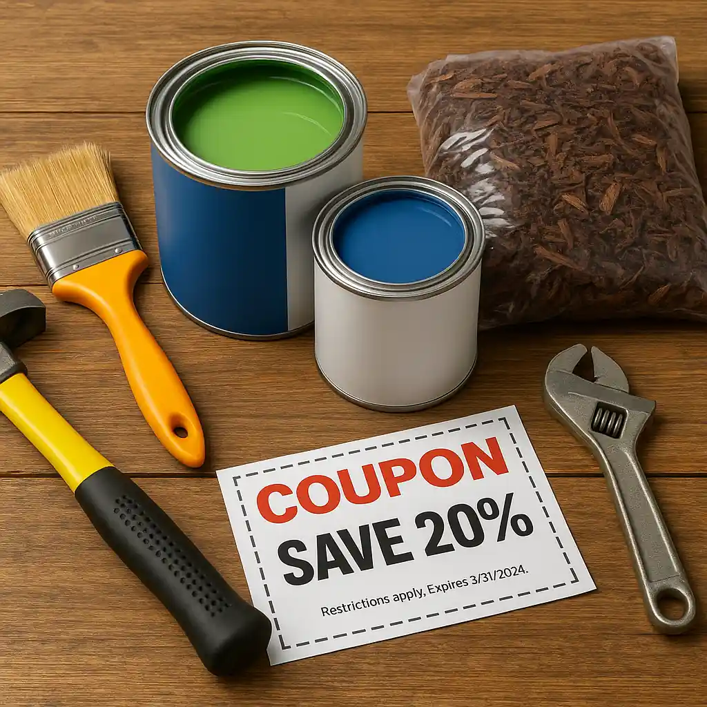 Home improvement items next to a printed coupon for senior savings at Lowe's