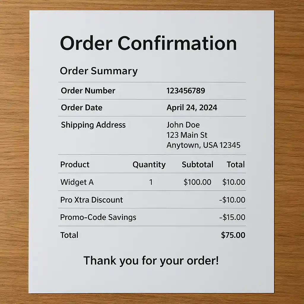 Order confirmation printouts showing Pro Xtra discount and promo-code deduction