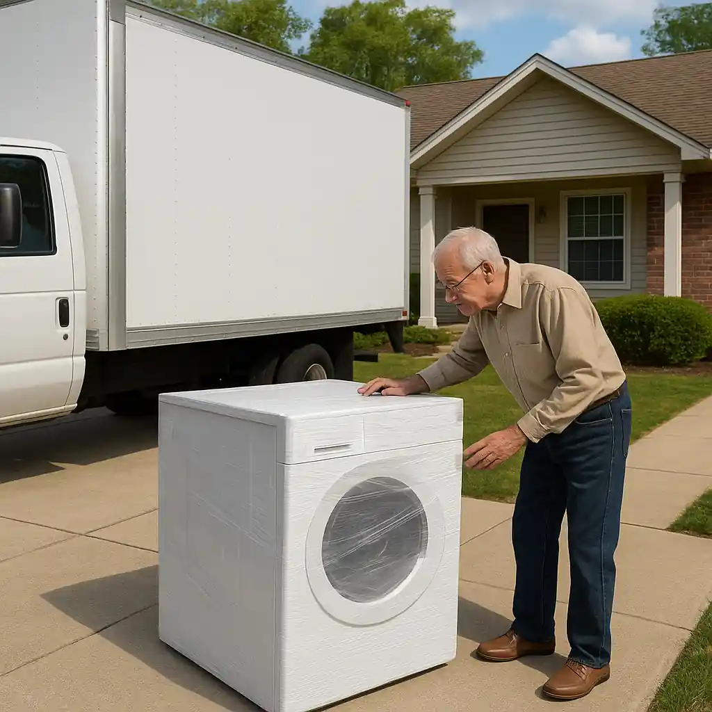 Senior homeowner inspecting a newly delivered appliance on their driveway after completing a purchase
