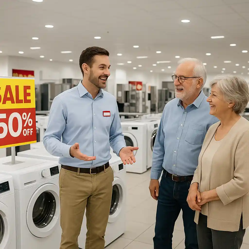 Store manager explaining stacking coupons, rebates, and sale pricing to seniors at a Lowe's appliance section