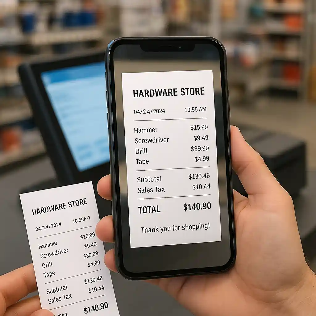 Photograph of receipt and register screen taken with smartphone for documentation of Lowe's discount issue