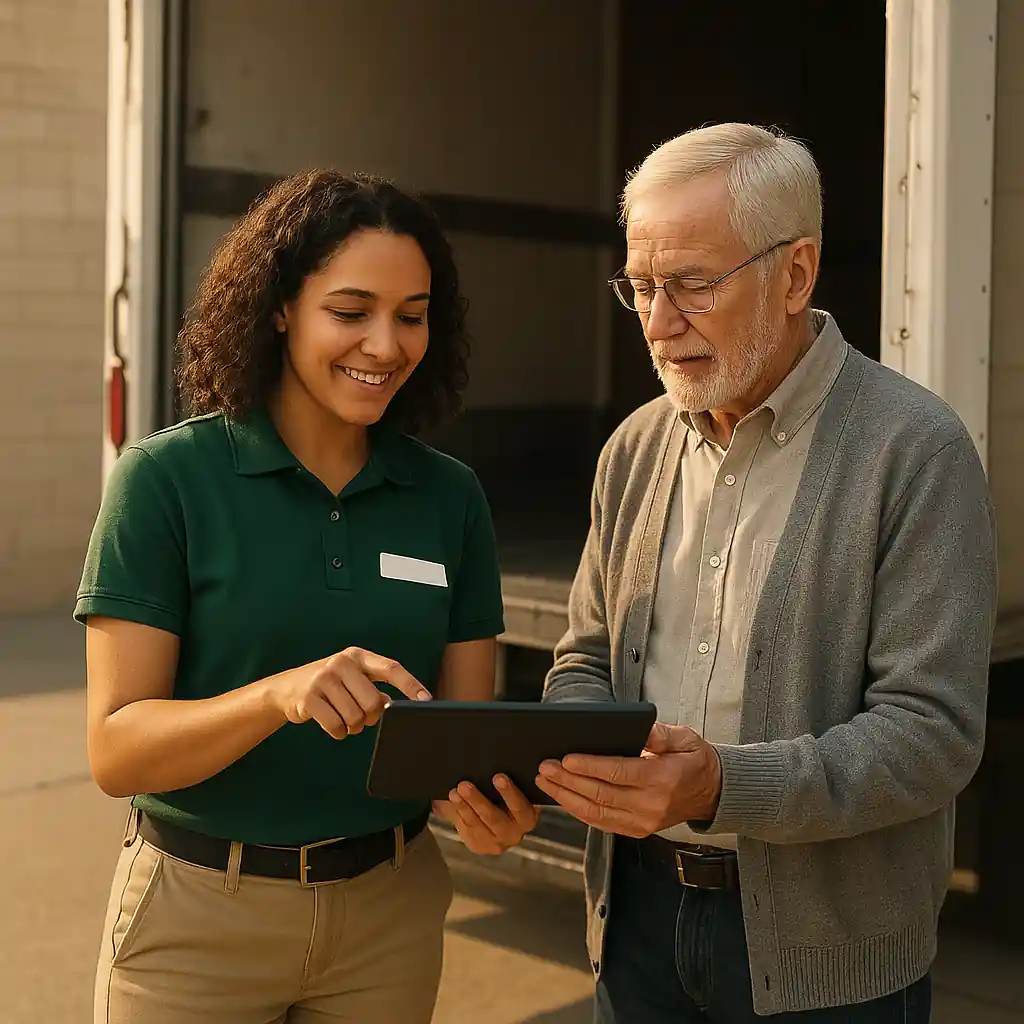 Store associate explaining delivery and installation choices to a senior customer
