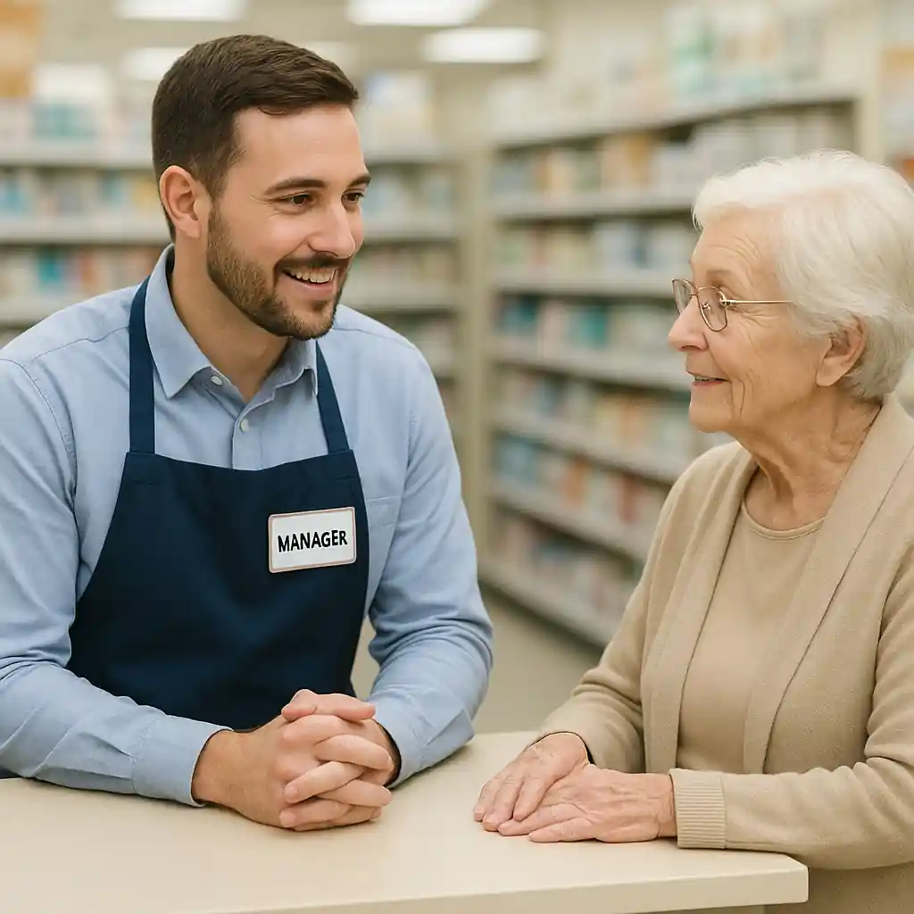 Store manager discussing service options and possible senior savings with an elderly customer