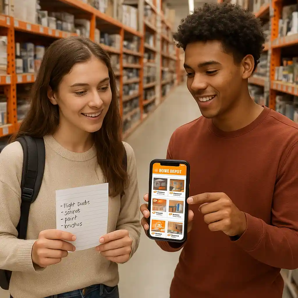 Students reviewing Home Depot app deals in-store aisle