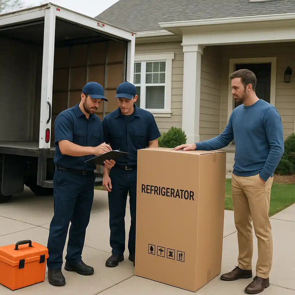 Homeowner and delivery team inspecting appliance delivery and paperwork